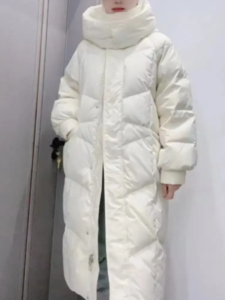 Women's Casual Loose Down Jacket, Female Coats, Korean Fashion, Monochromatic, Long Outerwear, New, 2024
