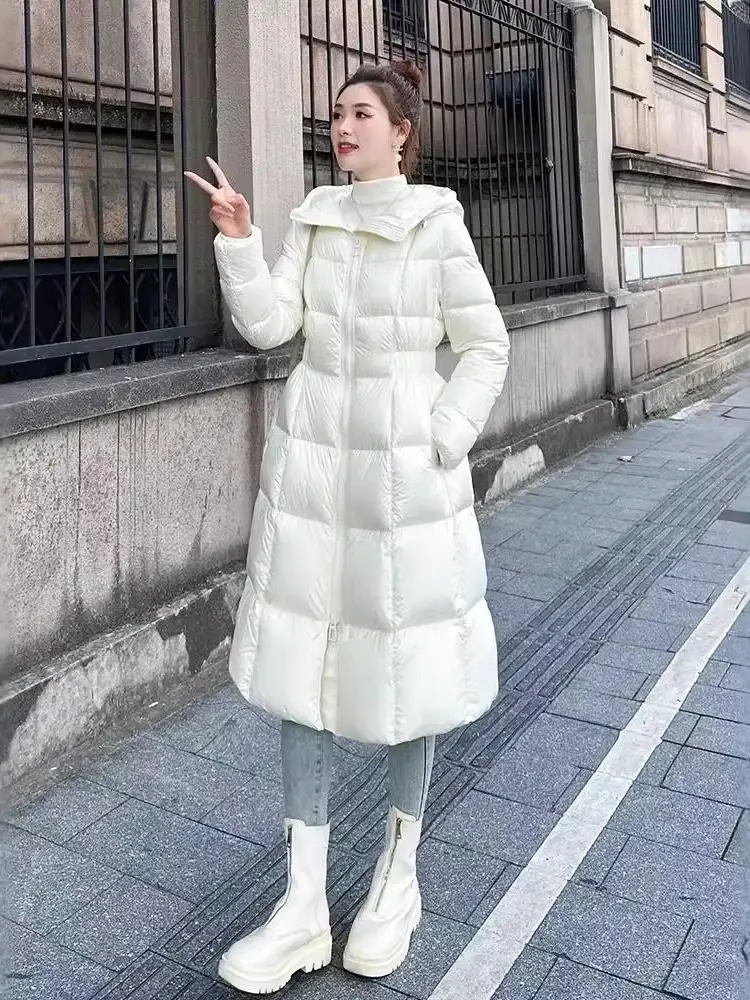 Women's Slim Waisted Hooded Puffer Jacket, White Duck Down, Medium Length, Thick, Warm, Fashion, Winter, New, 2024