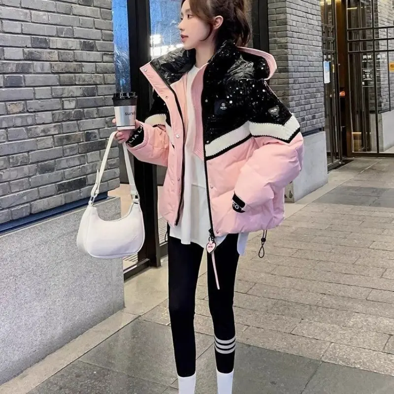 Women's Color Patchwork Sequin Down Puffer Jacket, Trendy Outerwears, Casual Loose, Thick, Warm, Short, Winter