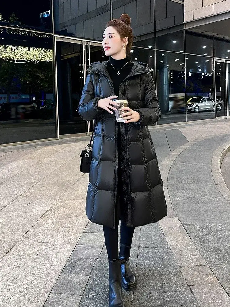 Women's Slim Waisted Hooded Puffer Jacket, White Duck Down, Medium Length, Thick, Warm, Fashion, Winter, New, 2024