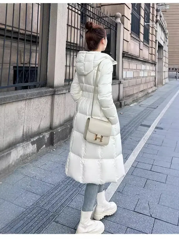 Women's Slim Waisted Hooded Puffer Jacket, White Duck Down, Medium Length, Thick, Warm, Fashion, Winter, New, 2024