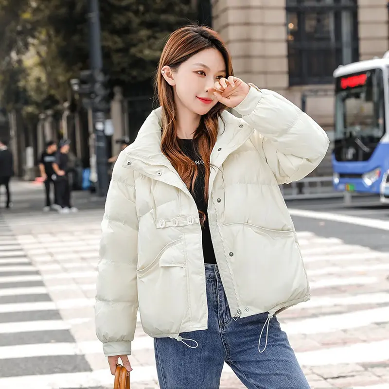 Puffer Coats with Stand-up Collar for Women, Thick Warm Down Jacket, Buttons, Casual Winter Coat, Female Fashion, New, 2024
