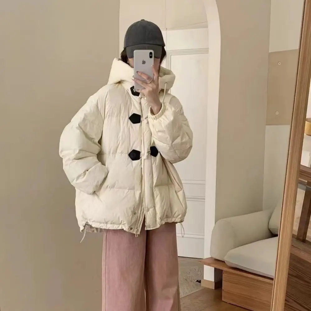 Women's White Duck Down Coat, Thick Short Puffer Jacket, Hooded Loose Warm Overcoat, Cow Horn Buckle, Winter, New, 2024