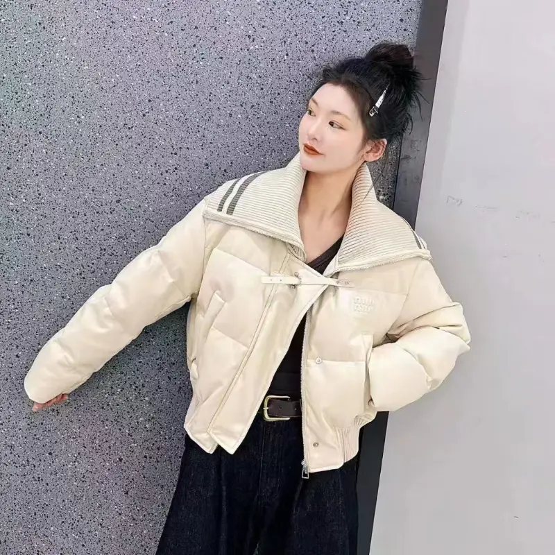 Women's Winter Jacket, Short Down Coats, Large Lapel, Thick, Loose, Warm Outerwear, Patchwork, Casual, Trendy, High Street