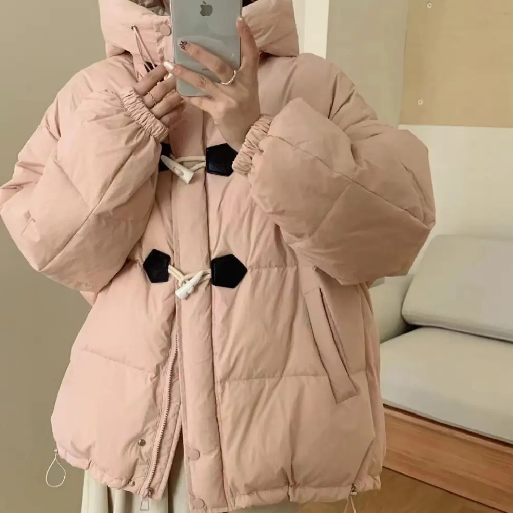 Women's White Duck Down Coat, Thick Short Puffer Jacket, Hooded Loose Warm Overcoat, Cow Horn Buckle, Winter, New, 2024