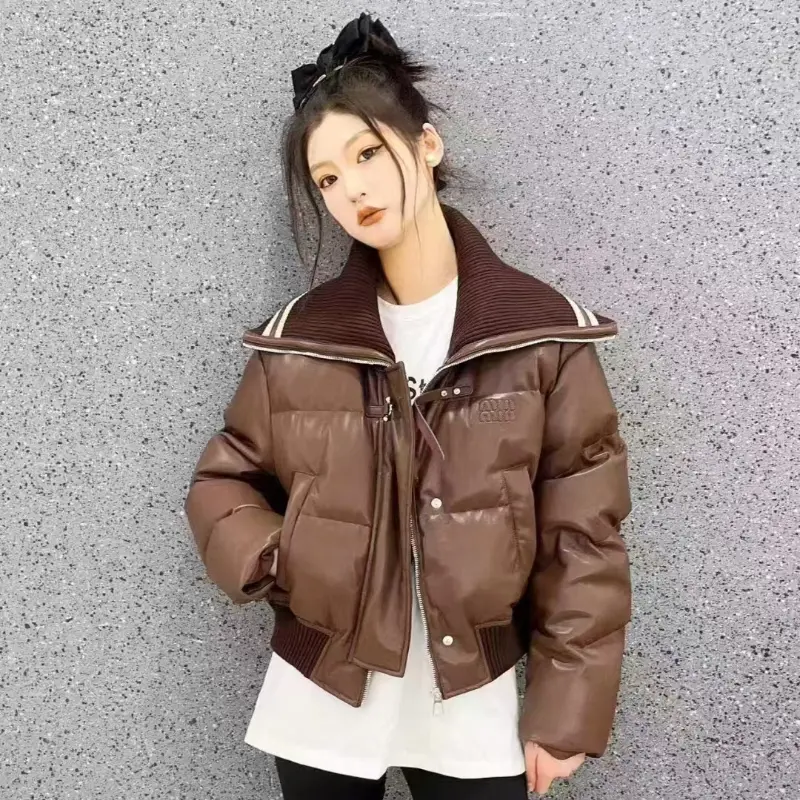Women's Winter Jacket, Short Down Coats, Large Lapel, Thick, Loose, Warm Outerwear, Patchwork, Casual, Trendy, High Street