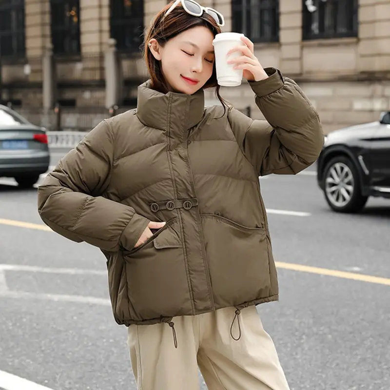 Puffer Coats with Stand-up Collar for Women, Thick Warm Down Jacket, Buttons, Casual Winter Coat, Female Fashion, New, 2024