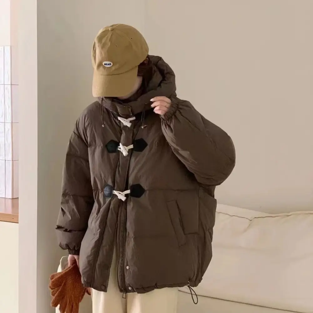 Women's White Duck Down Coat, Thick Short Puffer Jacket, Hooded Loose Warm Overcoat, Cow Horn Buckle, Winter, New, 2024