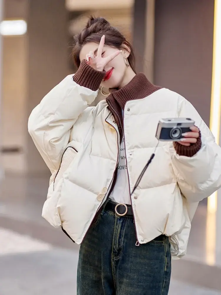 Women's White Duck Down Short Down Jacket, Loose Casual Coat, Knitted Collar, Color Splicing, Thick, Warm, New, Winter