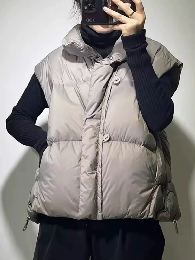 Sleeveless Duck Down Waistcoat, Casual Stand Collar, Versatile Thick Short Vestcoat, 90 White, Autumn, Winter