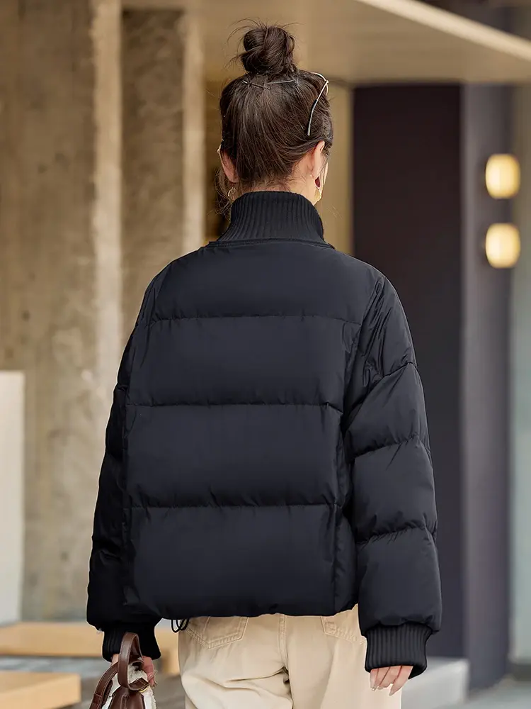 Women's White Duck Down Short Down Jacket, Loose Casual Coat, Knitted Collar, Color Splicing, Thick, Warm, New, Winter
