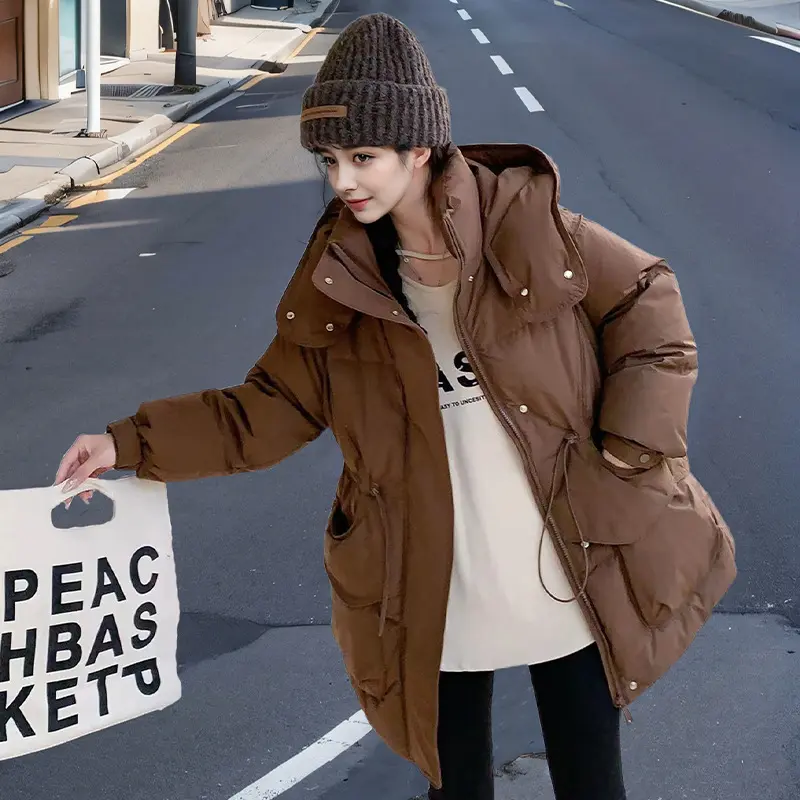 Women's Medium Length Hooded Down Jacket, Slim Coat, Warm Parka, Street Fashion, Casual, New, Winter, 2024