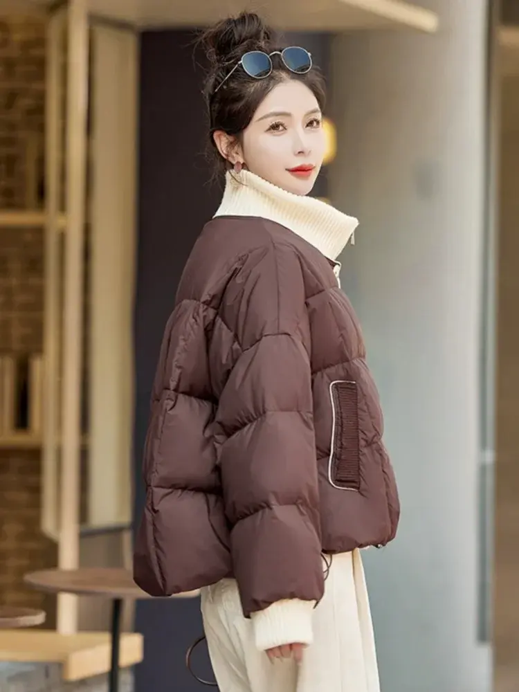 Women's White Duck Down Short Down Jacket, Loose Casual Coat, Knitted Collar, Color Splicing, Thick, Warm, New, Winter