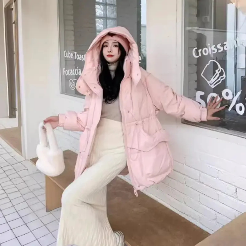 Women's Medium Length Hooded Down Jacket, Slim Coat, Warm Parka, Street Fashion, Casual, New, Winter, 2024