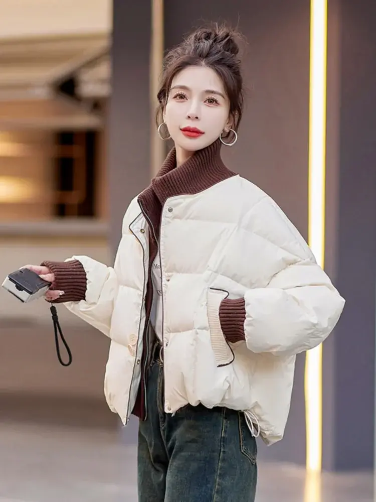Women's White Duck Down Short Down Jacket, Loose Casual Coat, Knitted Collar, Color Splicing, Thick, Warm, New, Winter