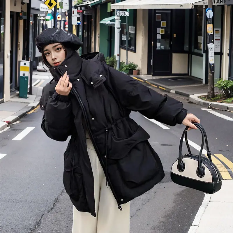 Women's Medium Length Hooded Down Jacket, Slim Coat, Warm Parka, Street Fashion, Casual, New, Winter, 2024