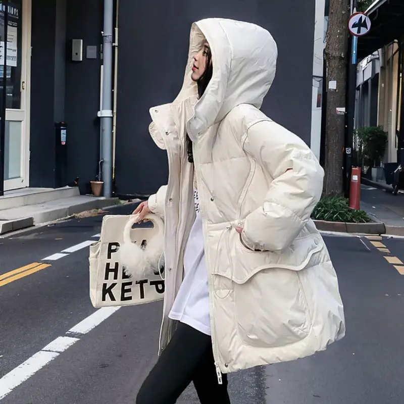 Women's Medium Length Hooded Down Jacket, Slim Coat, Warm Parka, Street Fashion, Casual, New, Winter, 2024