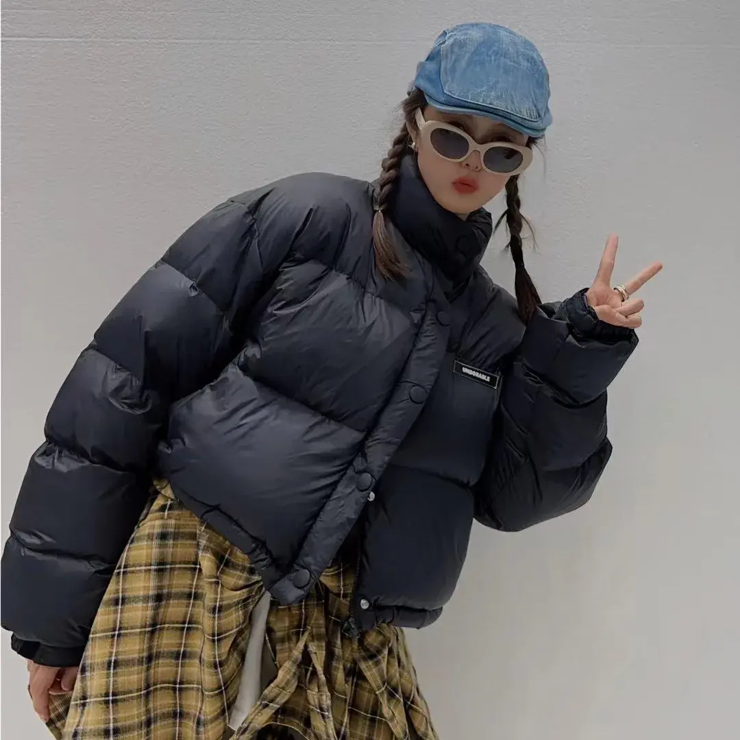 White Duck Down Puffer Jacket for Women, Stand Collar, Quilted, Thick, Warm, Streetwear, Outerwear, Winter Coats