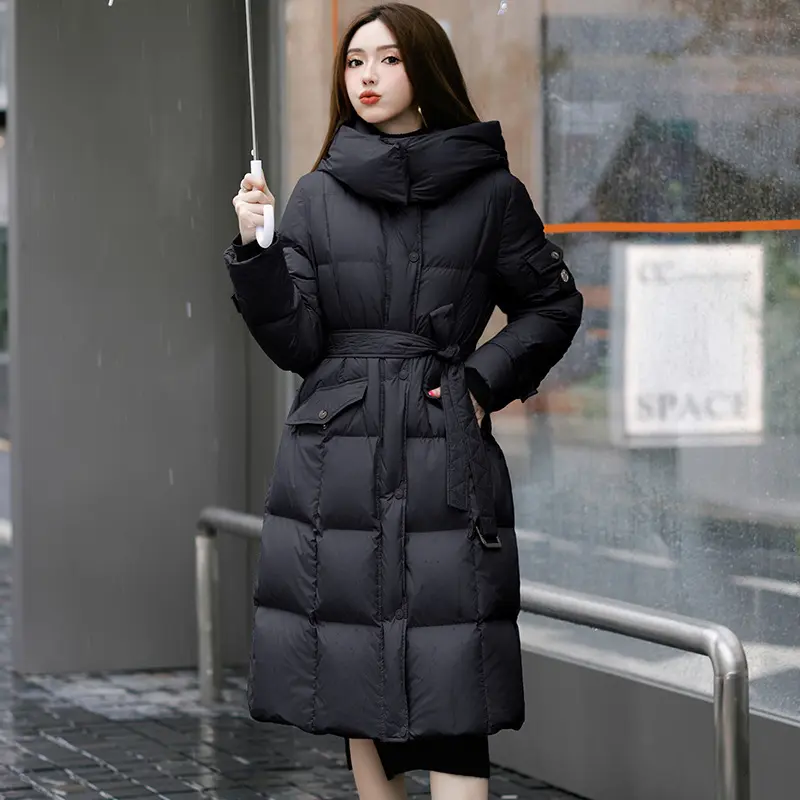 Winter Long Thickened 90 Duck Down Jacket Women's Down Jacket Slim Hooded Waist Warm Coat High-end Temperament Elegant Parkas