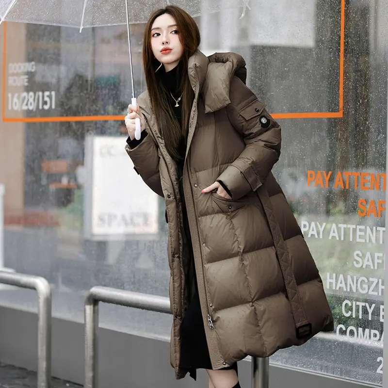 Winter Long Thickened 90 Duck Down Jacket Women's Down Jacket Slim Hooded Waist Warm Coat High-end Temperament Elegant Parkas