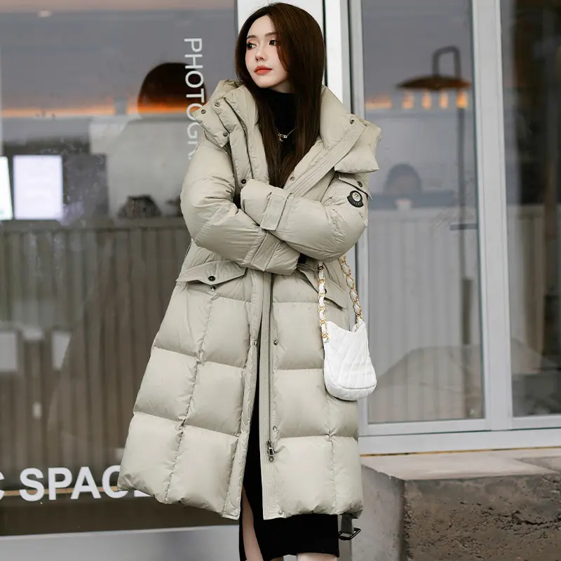 Winter Long Thickened 90 Duck Down Jacket Women's Down Jacket Slim Hooded Waist Warm Coat High-end Temperament Elegant Parkas