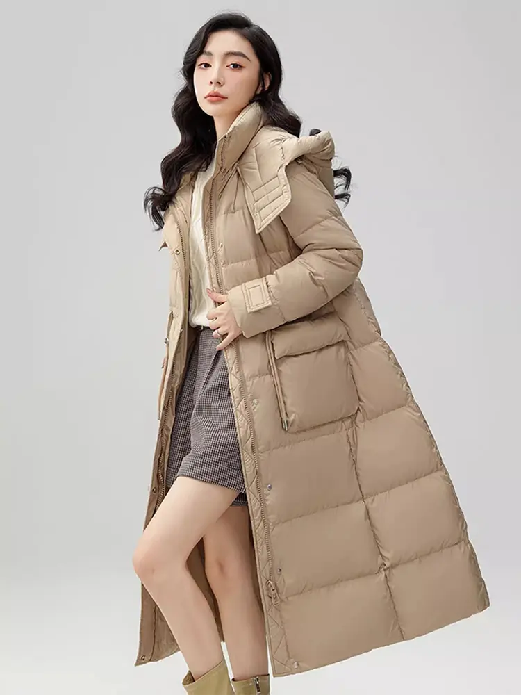 Long Hooded Jacket for Women, 90 White Duck Down, Drawstring, Zipper Outerwear, Slim Coats, 2024 New