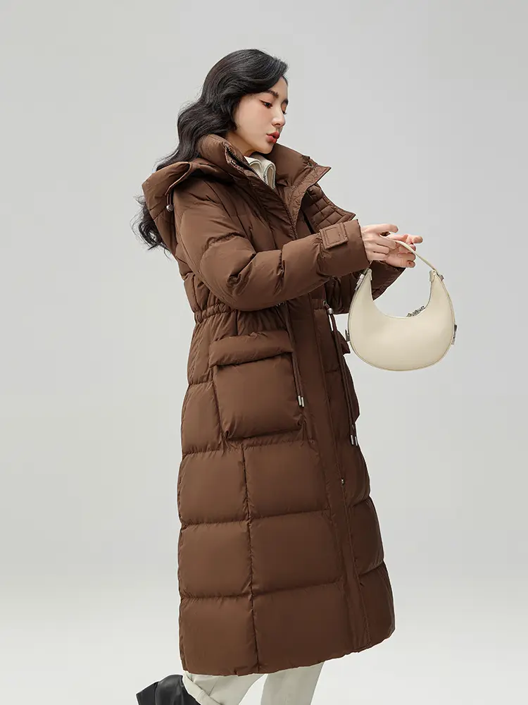 Long Hooded Jacket for Women, 90 White Duck Down, Drawstring, Zipper Outerwear, Slim Coats, 2024 New