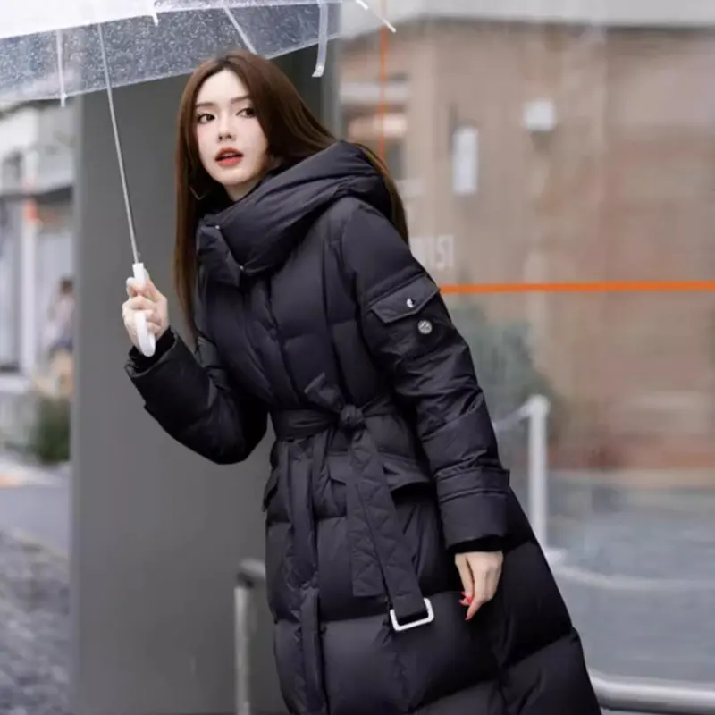 Winter Long Thickened 90 Duck Down Jacket Women's Down Jacket Slim Hooded Waist Warm Coat High-end Temperament Elegant Parkas