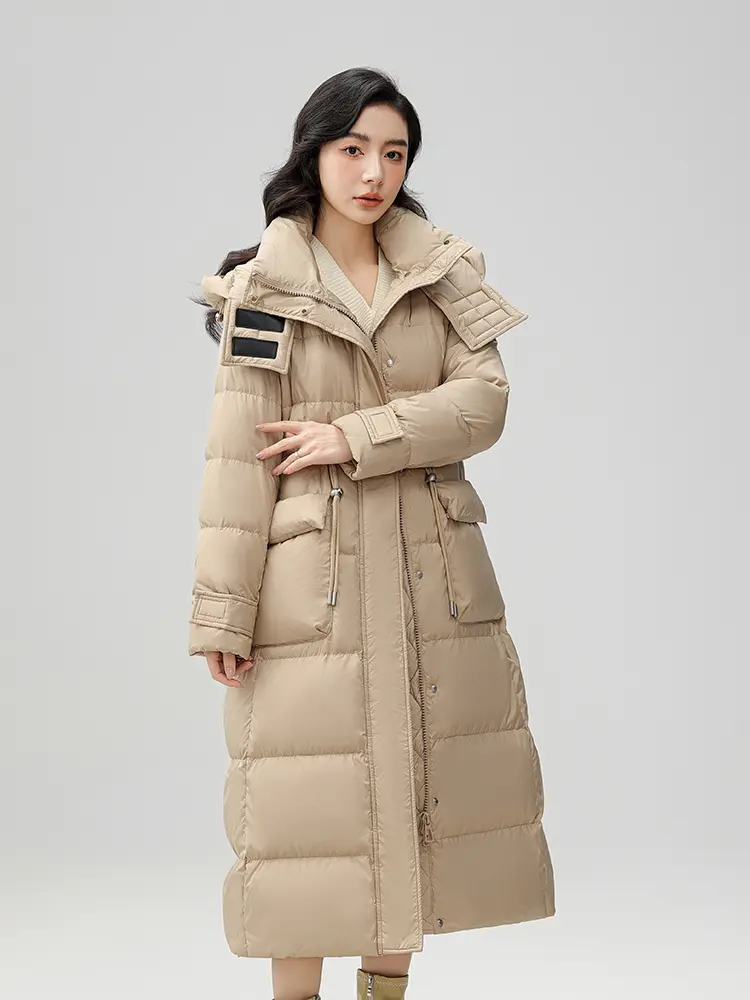 Long Hooded Jacket for Women, 90 White Duck Down, Drawstring, Zipper Outerwear, Slim Coats, 2024 New