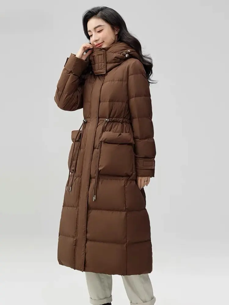 Long Hooded Jacket for Women, 90 White Duck Down, Drawstring, Zipper Outerwear, Slim Coats, 2024 New