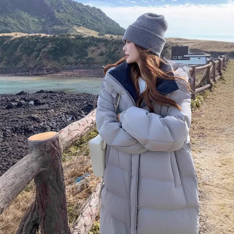 Down Jacket for Women Wear on Both Sides Korean Padding Jacket Long Loose Hooded and Thick Windbreaker New Down Coat