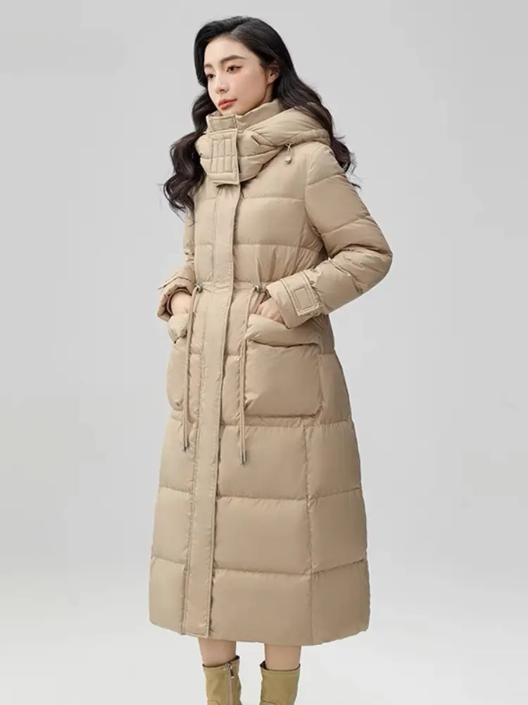 Long Hooded Jacket for Women, 90 White Duck Down, Drawstring, Zipper Outerwear, Slim Coats, 2024 New