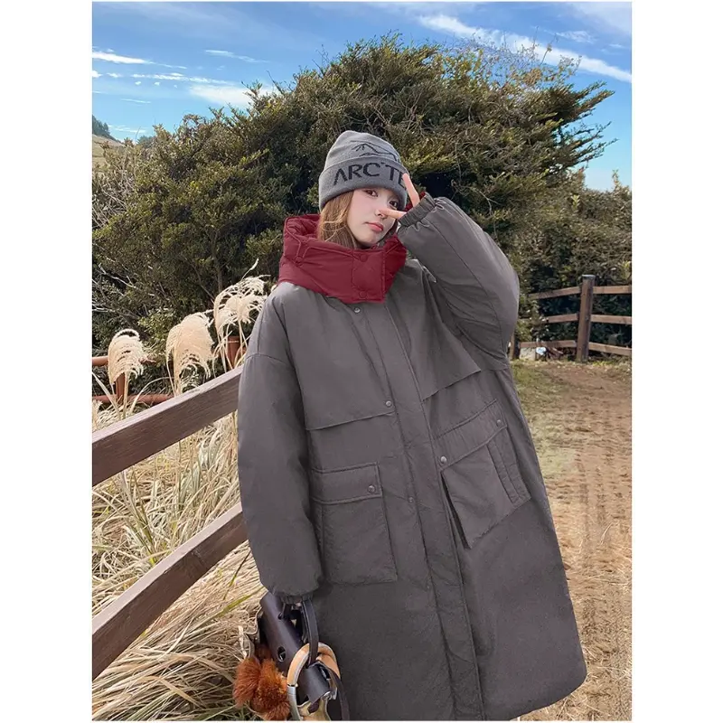 Down Jacket for Women Wear on Both Sides Korean Padding Jacket Long Loose Hooded and Thick Windbreaker New Down Coat