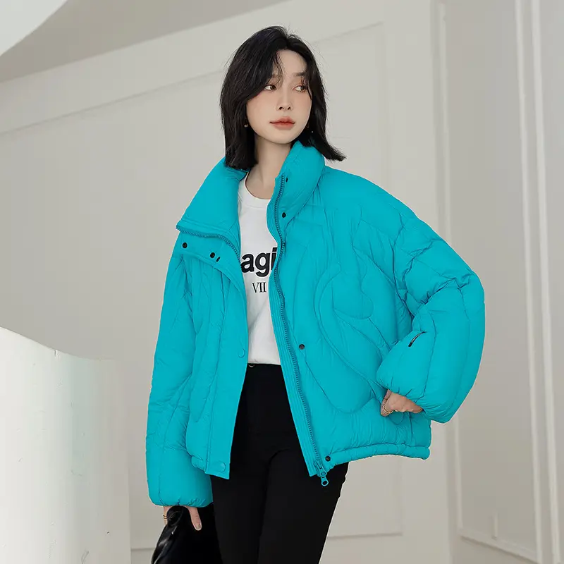 Women's White Duck Down Puffer Jacket, Warm Quilted Jacket, Monochromatic, Stand Collar, Casual, Loose, Winter, New