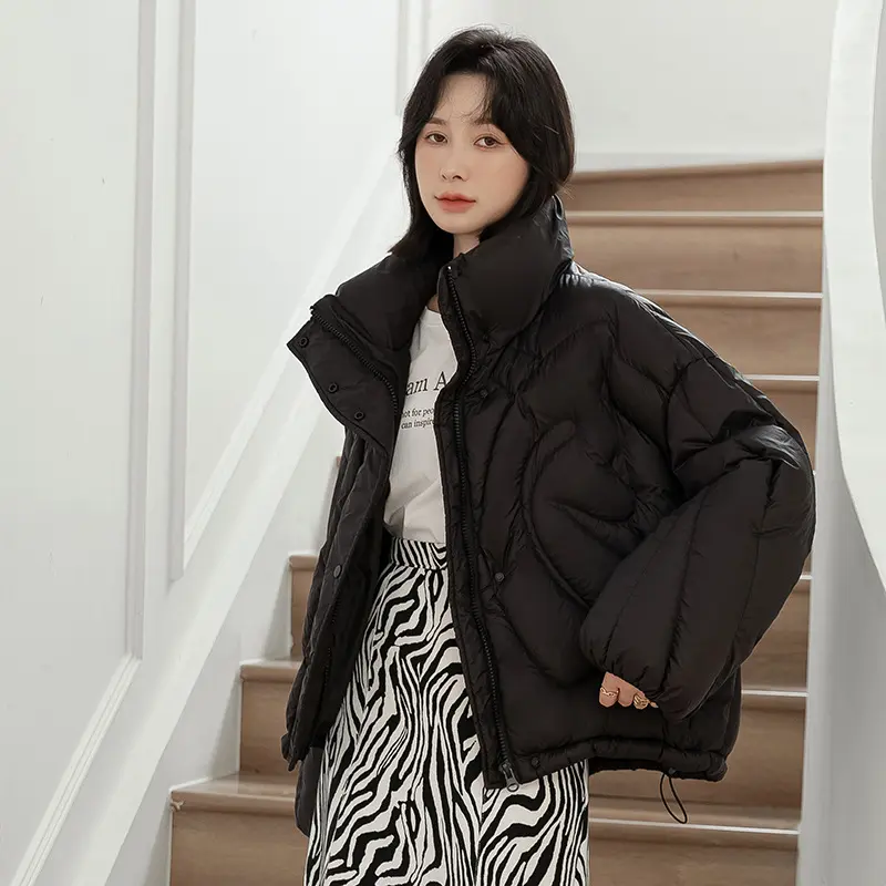 Women's White Duck Down Puffer Jacket, Warm Quilted Jacket, Monochromatic, Stand Collar, Casual, Loose, Winter, New