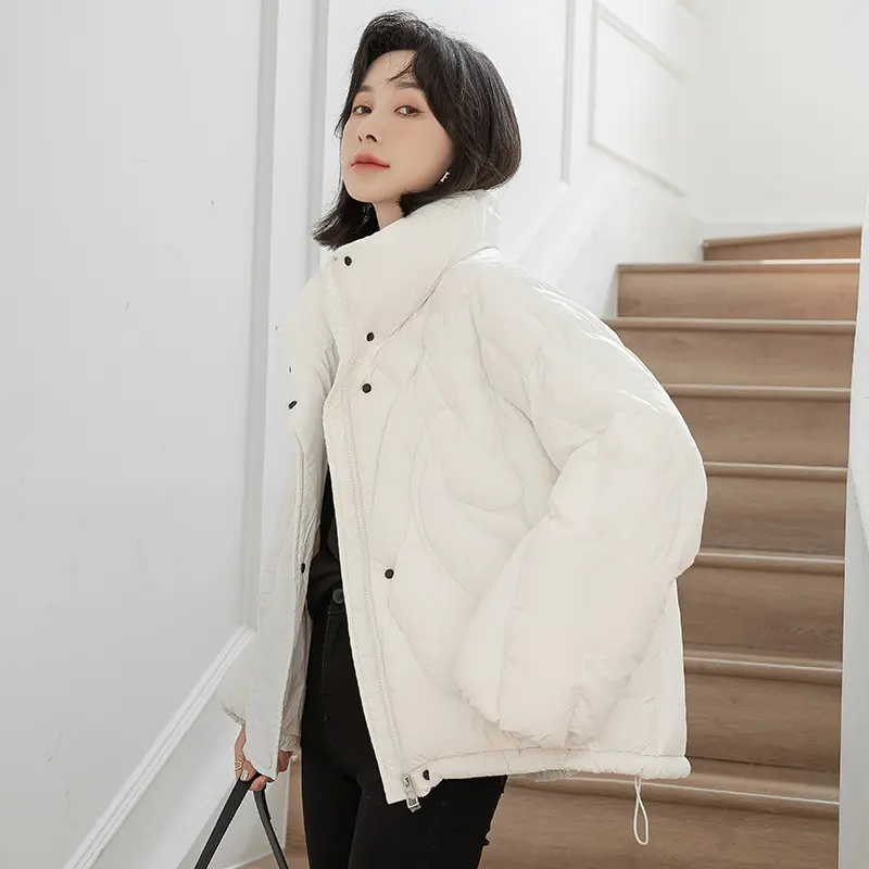 Women's White Duck Down Puffer Jacket, Warm Quilted Jacket, Monochromatic, Stand Collar, Casual, Loose, Winter, New