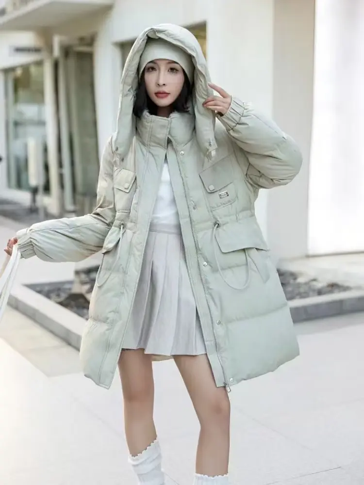 Mid-length Down Jacket Women's Winter New White Duck Down Warm Hooded Puffer Jacket Fashion Loose Waist Slim Stand Collar Coat