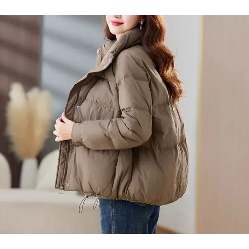 Women's Short Lightweight Padded Outerwear, Stand Collar, White Duck Bomber Coat, Warm Korean Puffer Winter Jacket, Autumn