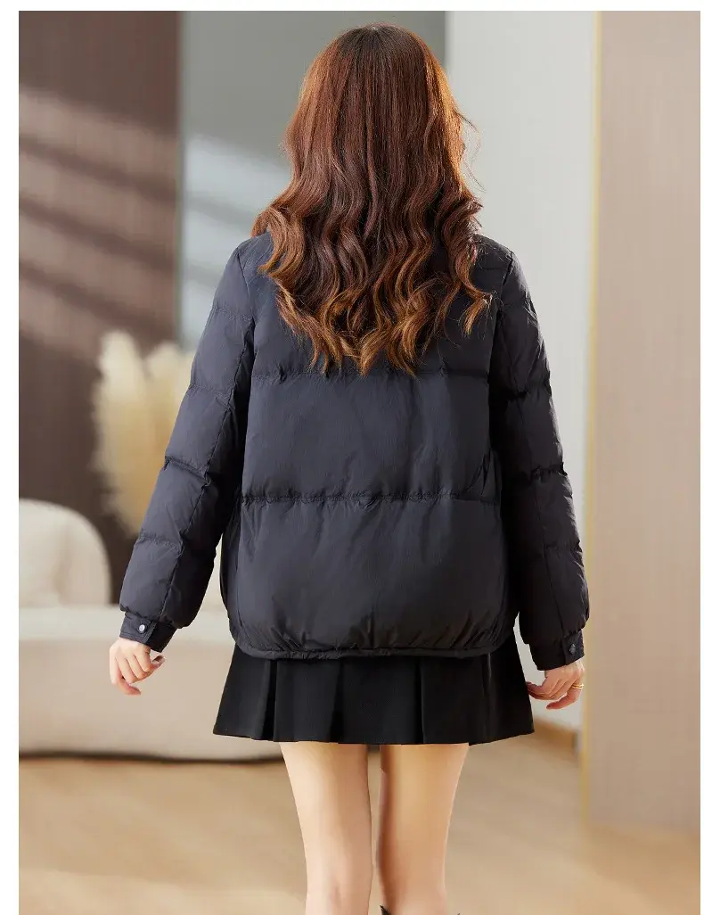 Women's Short Lightweight Padded Outerwear, Stand Collar, White Duck Bomber Coat, Warm Korean Puffer Winter Jacket, Autumn