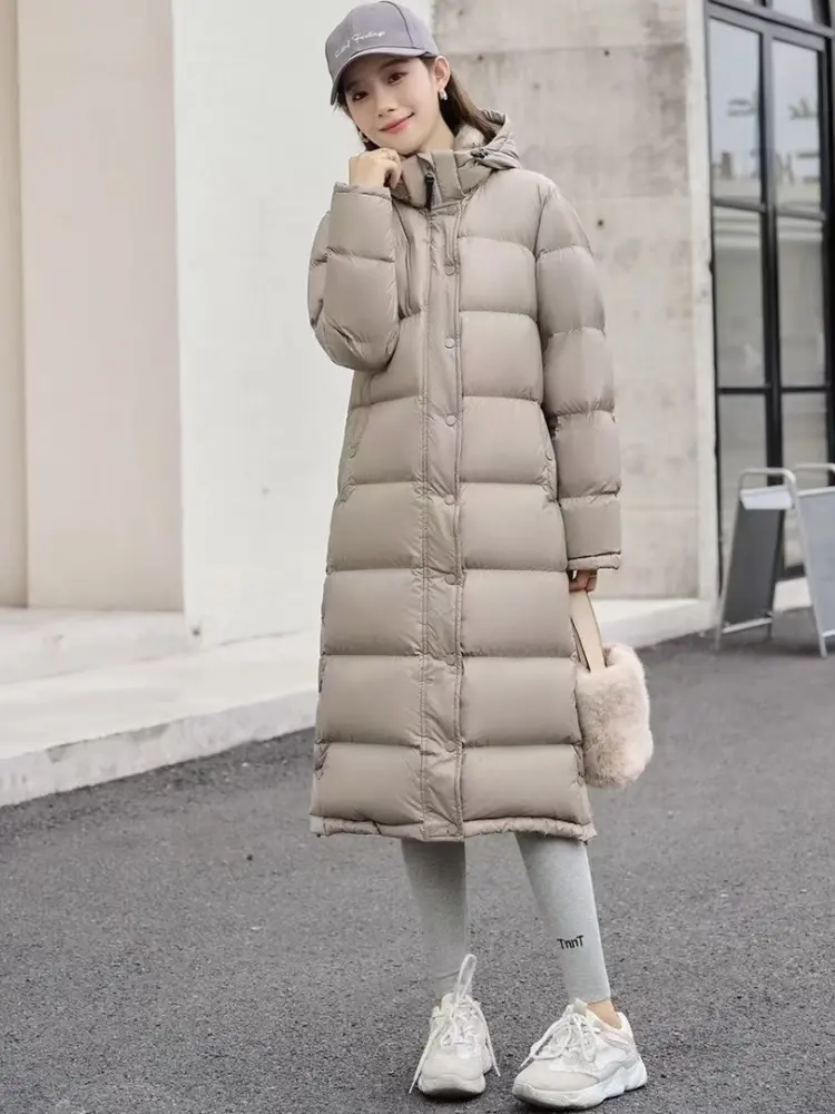 White Goose Down Jacket, Hooded Parkas, Warm Coat, Thick, Fluffy, Long Section, Warm Bread Clothing, 90 White, Winter