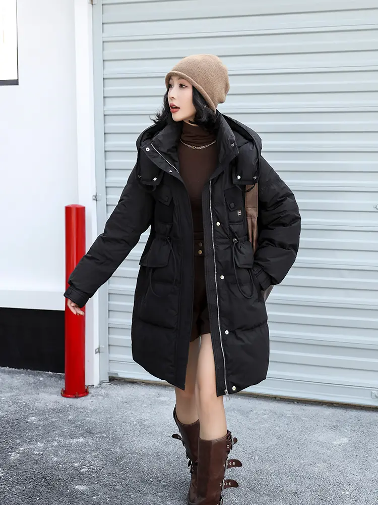 Mid-length Down Jacket Women's Winter New White Duck Down Warm Hooded Puffer Jacket Fashion Loose Waist Slim Stand Collar Coat