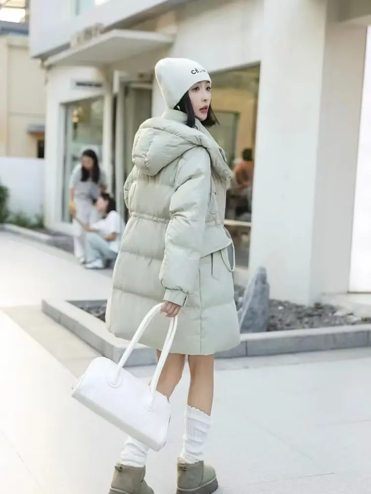 Mid-length Down Jacket Women's Winter New White Duck Down Warm Hooded Puffer Jacket Fashion Loose Waist Slim Stand Collar Coat