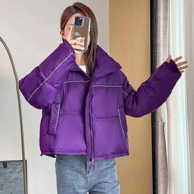 Short Down Coat for Female, 90White Duck Down, Thick, Warm, Stand-up Collar, Monochromatic, Casual, Wild, Winter, New, 2024
