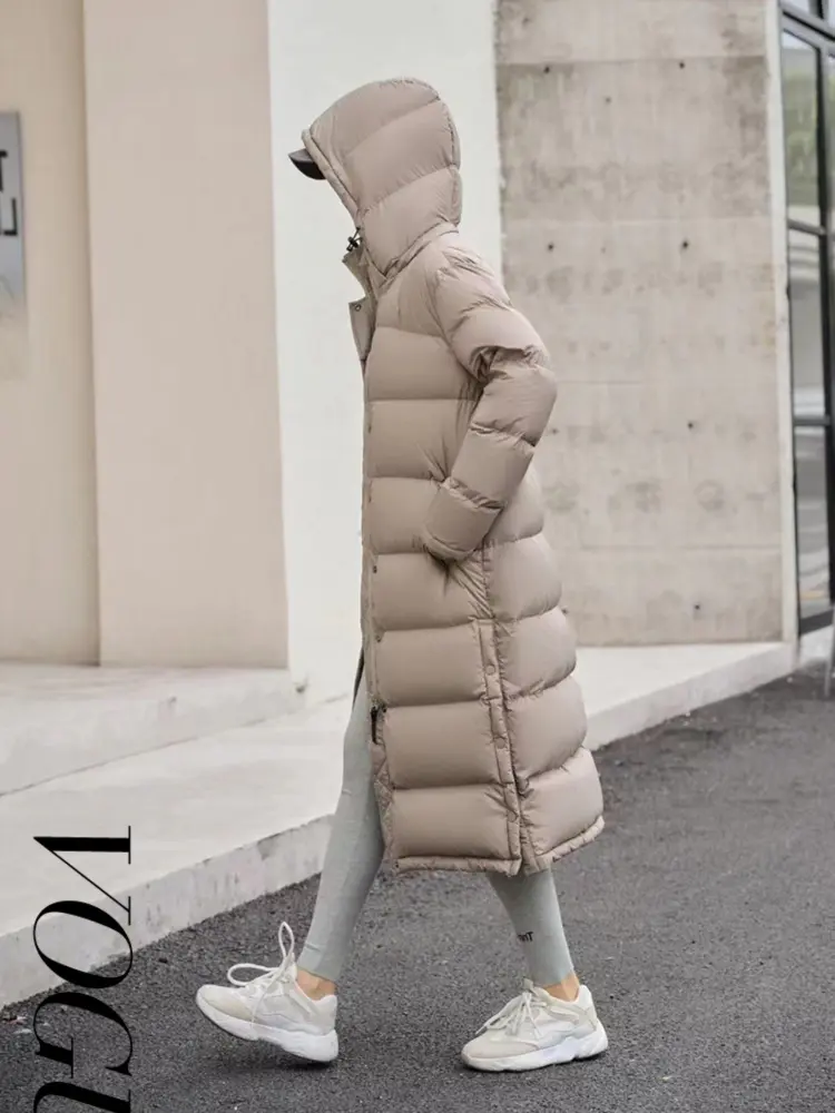 White Goose Down Jacket, Hooded Parkas, Warm Coat, Thick, Fluffy, Long Section, Warm Bread Clothing, 90 White, Winter