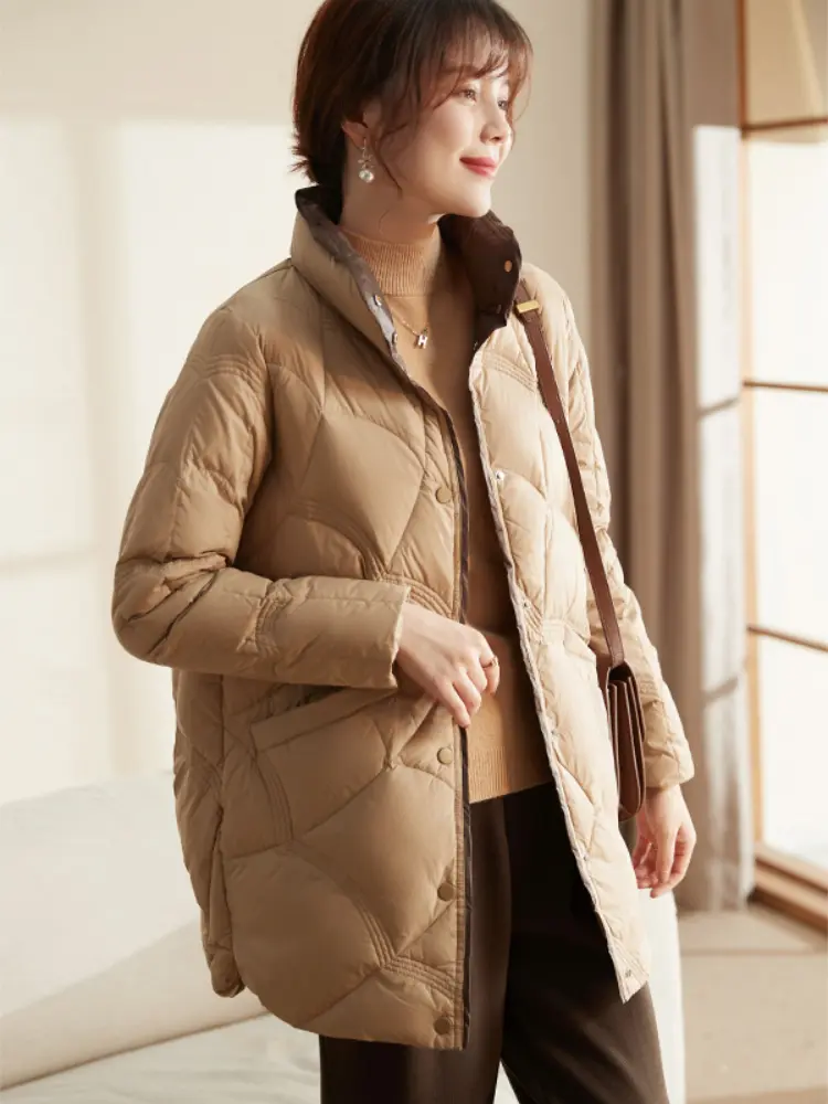 Light Down Jacket for Women, Medium Length, White Duck Down, Warm, Retro Auspicious Clouds, Stand Collar, Slim Jacket, New 2024