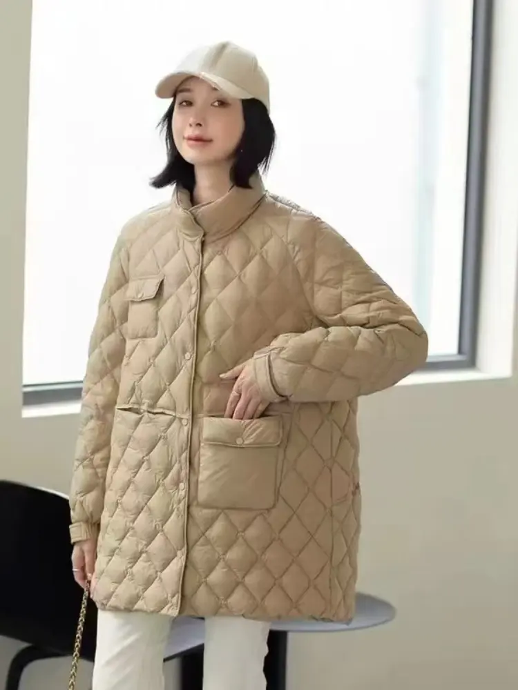 Women's Single-Breasted Casual Overcoat, Lightweight Down Jacket, Fashion Stand Collar, Literary Style, Warm, Autumn, Winter
