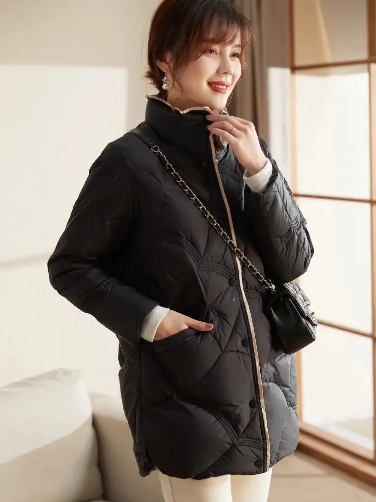 Light Down Jacket for Women, Medium Length, White Duck Down, Warm, Retro Auspicious Clouds, Stand Collar, Slim Jacket, New 2024