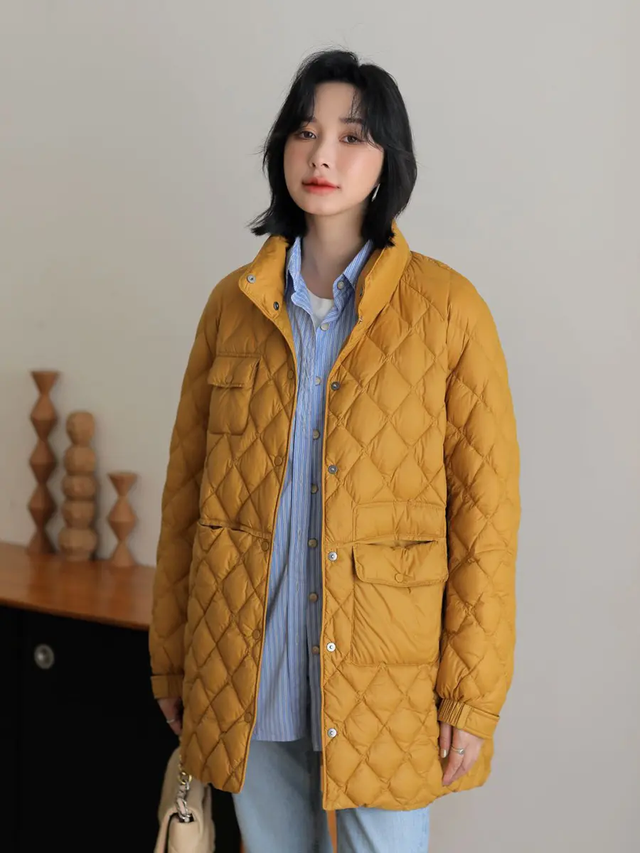 Women's Single-Breasted Casual Overcoat, Lightweight Down Jacket, Fashion Stand Collar, Literary Style, Warm, Autumn, Winter