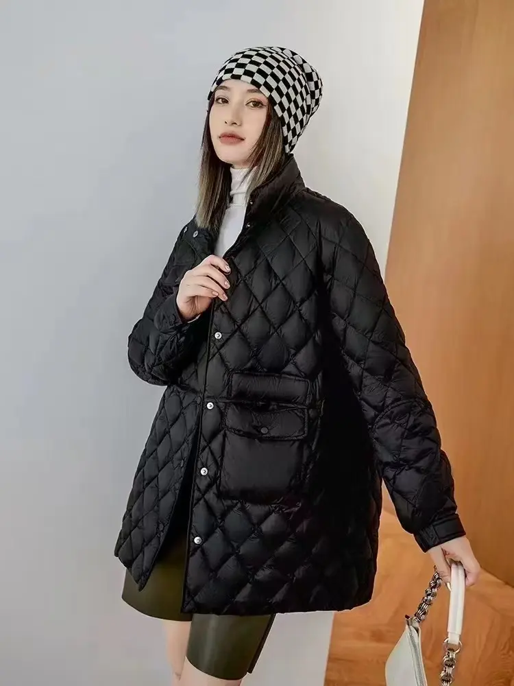 Women's Single-Breasted Casual Overcoat, Lightweight Down Jacket, Fashion Stand Collar, Literary Style, Warm, Autumn, Winter