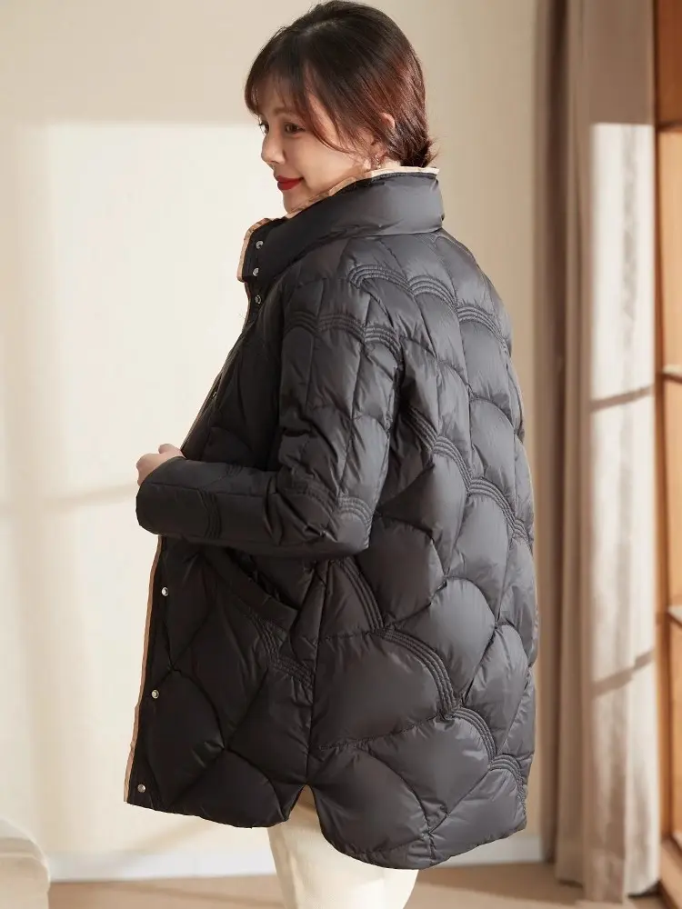 Light Down Jacket for Women, Medium Length, White Duck Down, Warm, Retro Auspicious Clouds, Stand Collar, Slim Jacket, New 2024